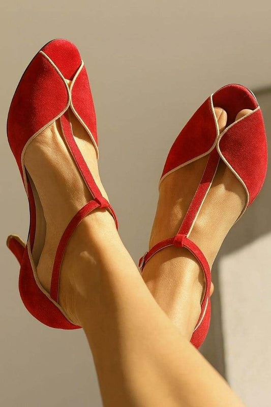 Sandali eleganti con punta aperta, cinturino a T e profili in pelle scamosciata a contrasto [Pre-ordine]