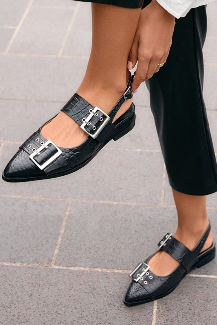 Ballerine con cinturino posteriore a punta, doppia fibbia e pelle stampa coccodrillo vintage [Pre-ordine]