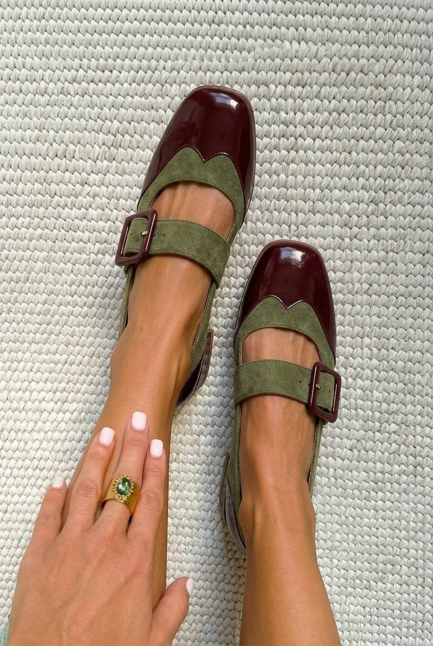 Vintage Contrast Square Toe Buckle Block Heels [Pre Order]