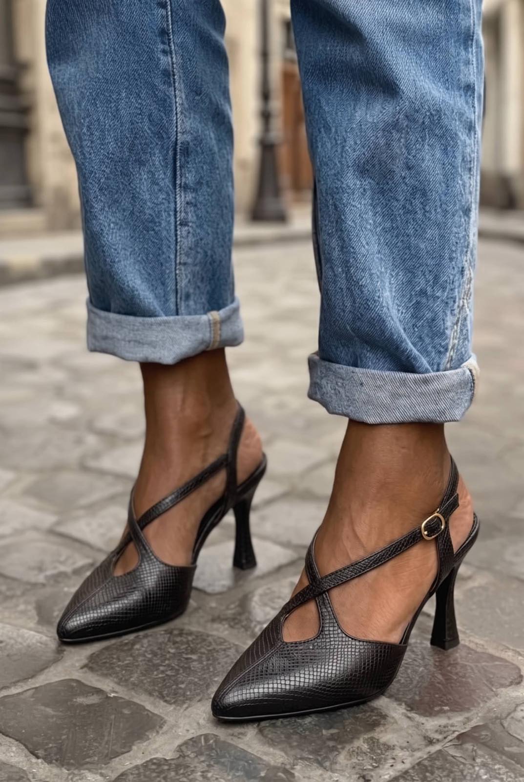 Embossed Crisscross Pointed Toe Slingback Flared Heels [Pre Order]