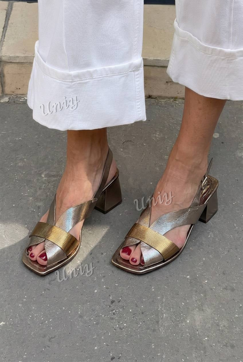 Metallic Crisscross Square Toe Slingback Block Sandals [Pre Order]