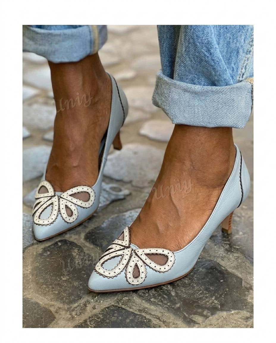 Perforated ButterflyPointed Toe Kitten Heel Pumps [Pre Order]
