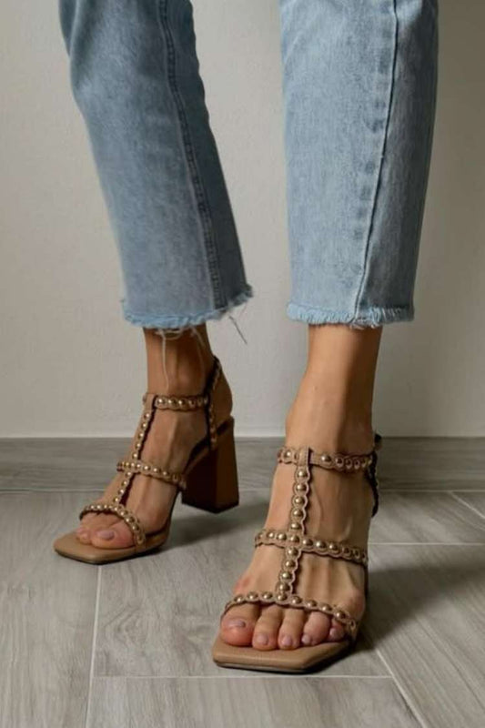 Perlenverzierte T-Riemen Sandalen mit quadratischer Spitze und Blockabsatz [Vorbestellung]