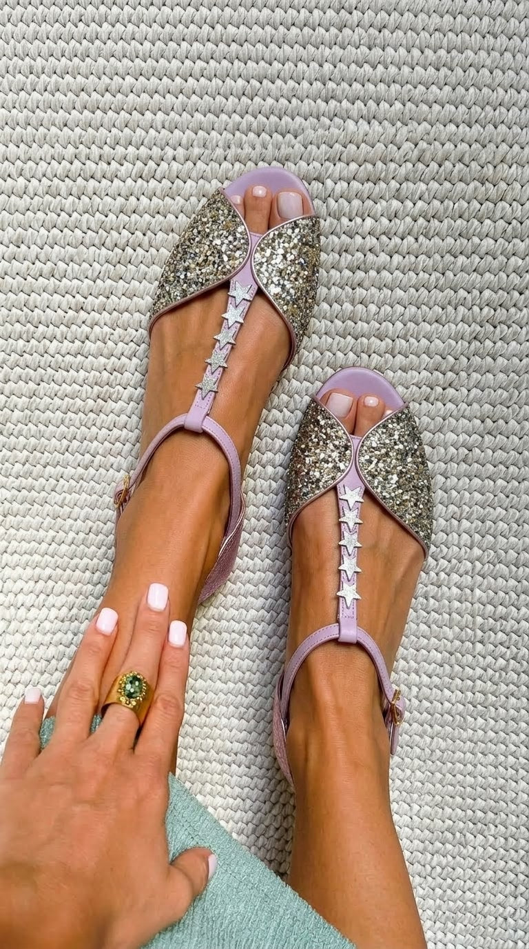 Sandali piatti a T con stelle glitterate argento [Preordine]