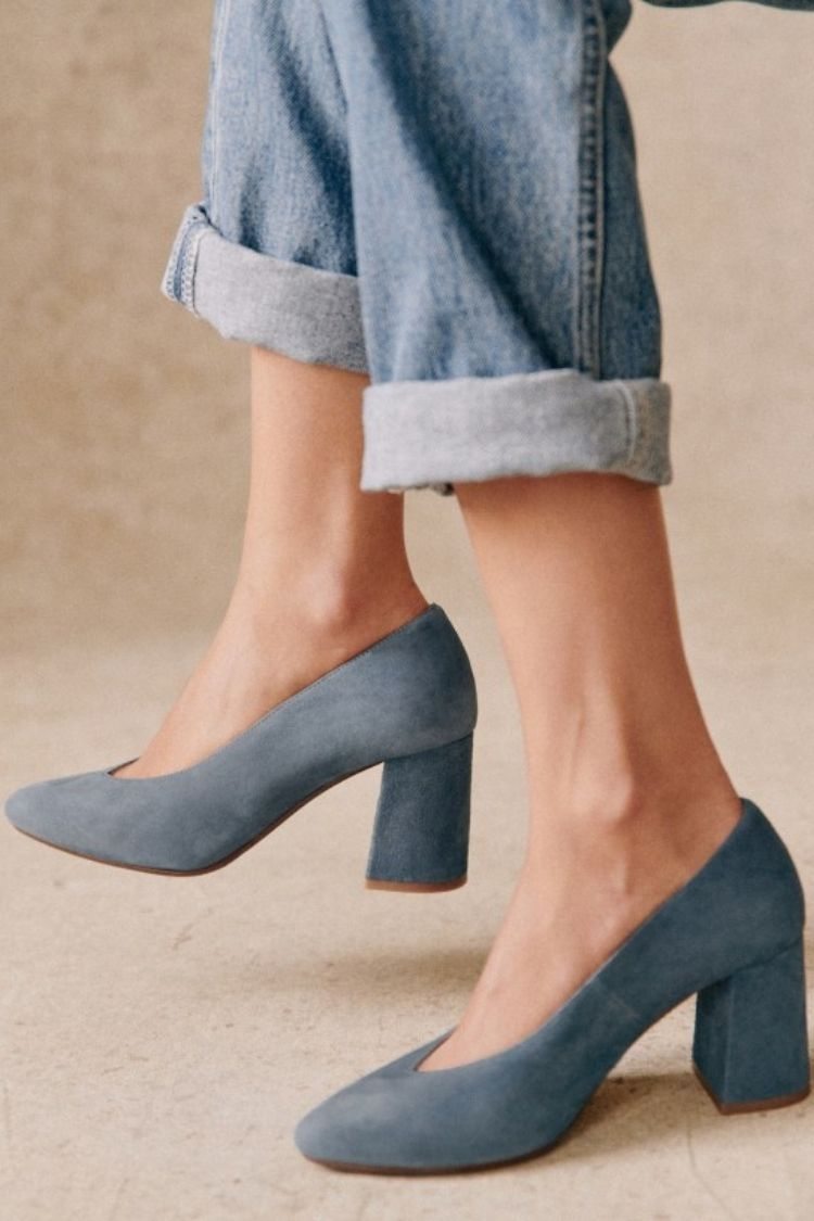 Suede Solid Mint Block Heel Almond Toe Pumps [Pre Order]