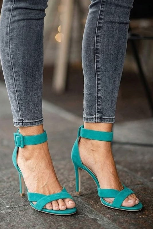 Faux Suede Open Toe Ankle Strap Teal Stiletto Heels [Pre Order]