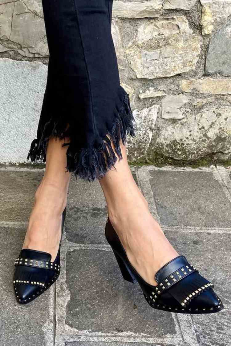 Leather Studded Fringe Strap Pointed Toe Block Heel Pumps [Pre Order]
