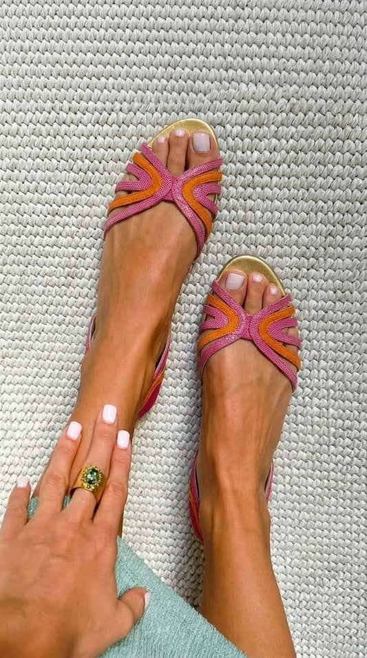 Pink Orange Textured Strappy Peep Toe Flat Sandals