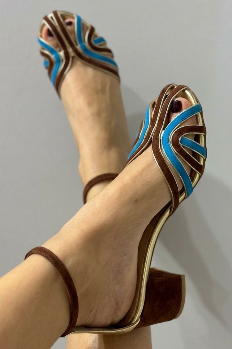 Multicolor Round Toe Ankle Strap Buckle Orange Chunky Heels