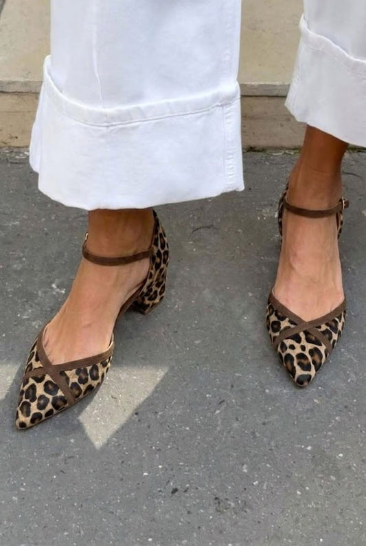 Leopard Print Pointed Toe Ankle Strap Brown Block Heels [Pre Order]