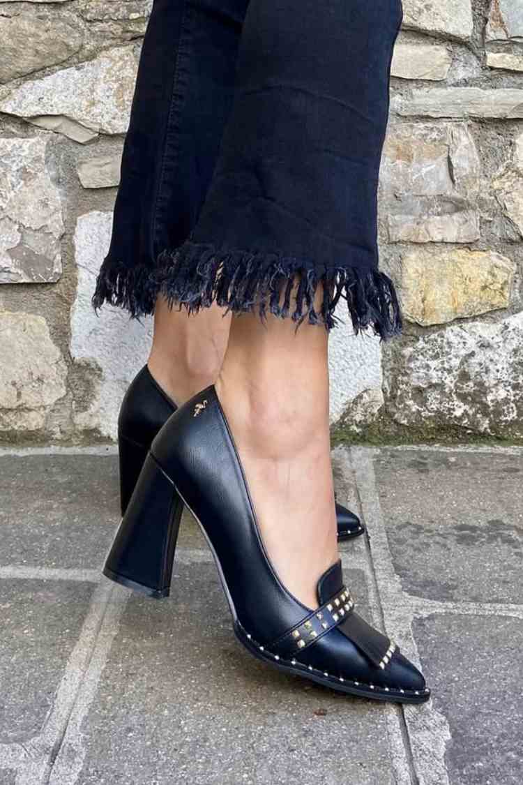 Leather Studded Fringe Strap Pointed Toe Block Heel Pumps [Pre Order]