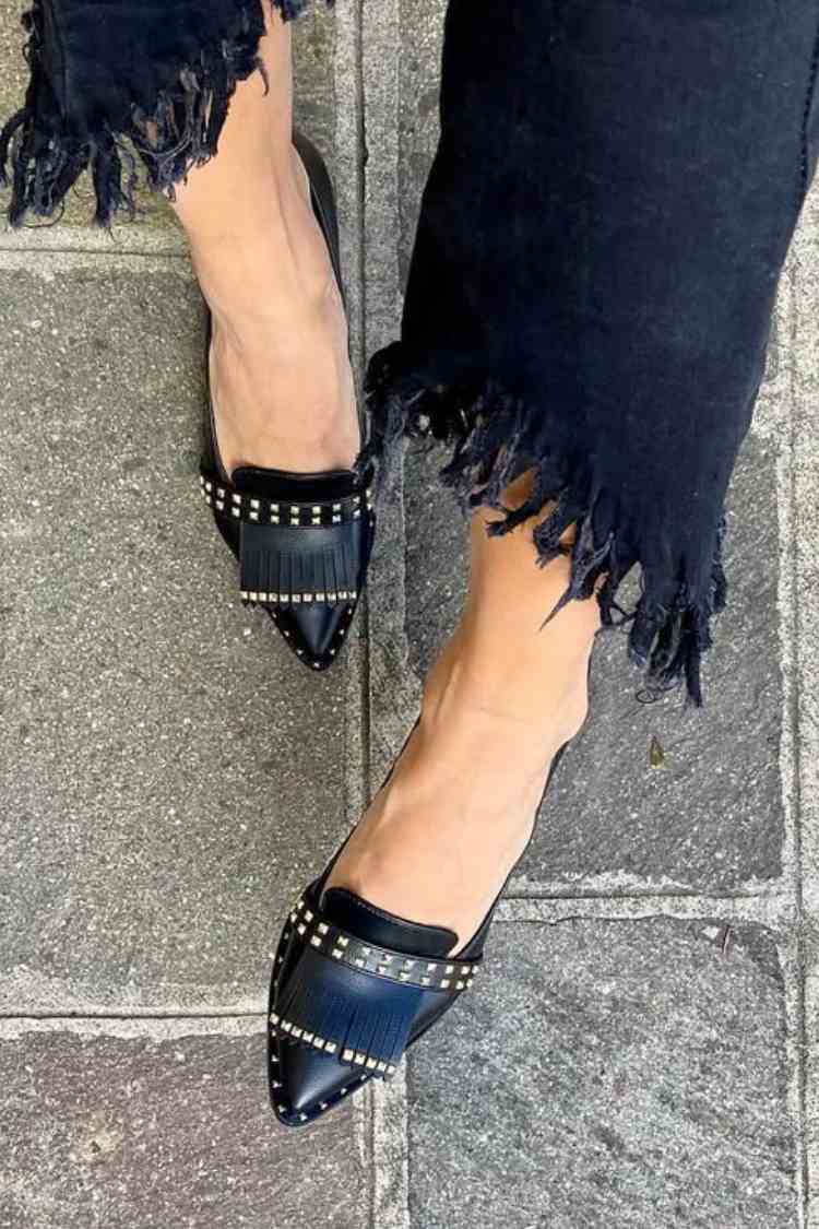 Leather Studded Fringe Strap Pointed Toe Block Heel Pumps [Pre Order]