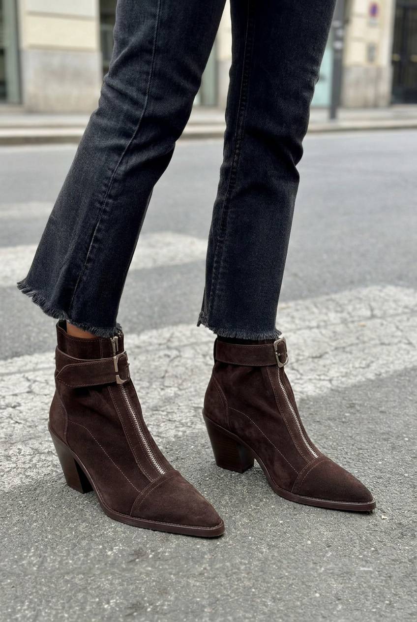 Front Zip Buckled Strap Pointed Toe Block Heel Booties [Pre Order]