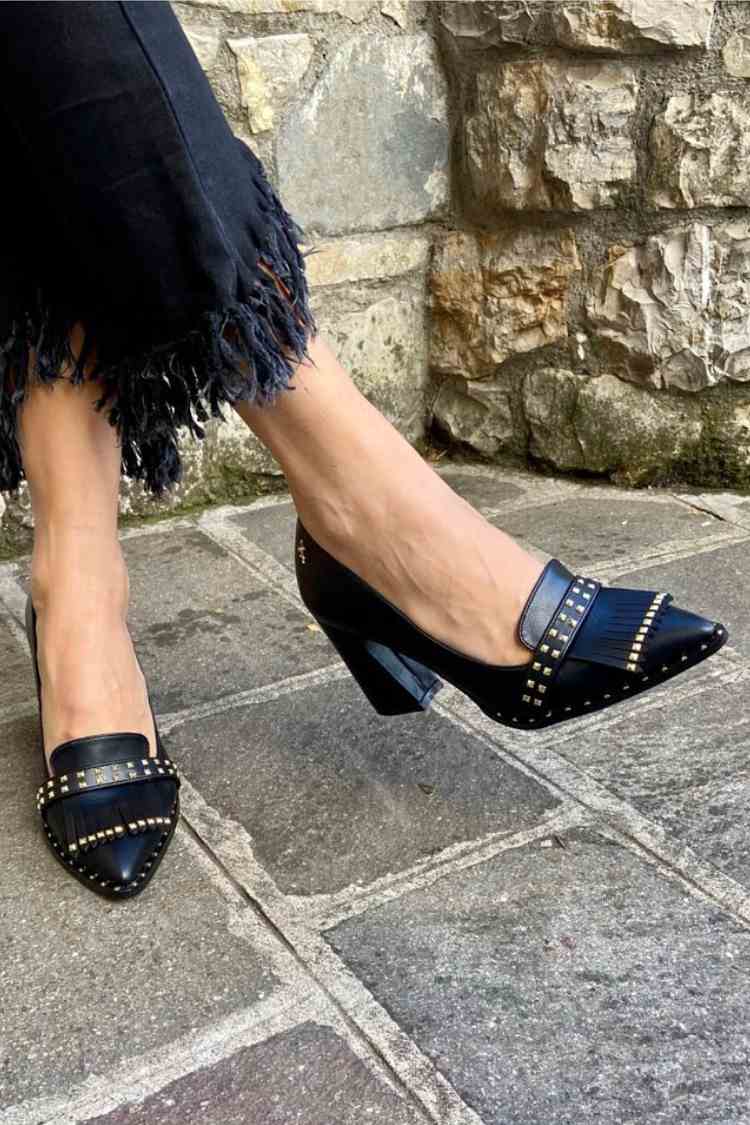 Leather Studded Fringe Strap Pointed Toe Block Heel Pumps [Pre Order]