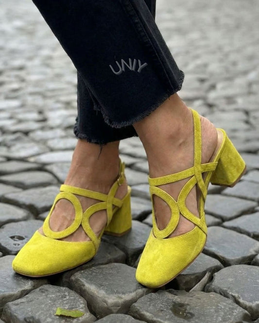 Yellow Square Toe Cutout Ankle Strap Block Heel Sandals [Pre Order]