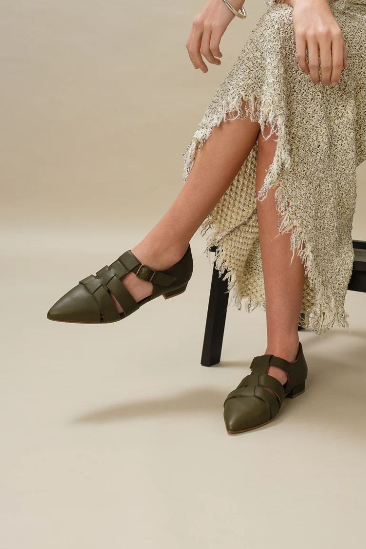 Green Pointed Toe Strappy Cut-Out Mary Jane Flats [Pre Order]