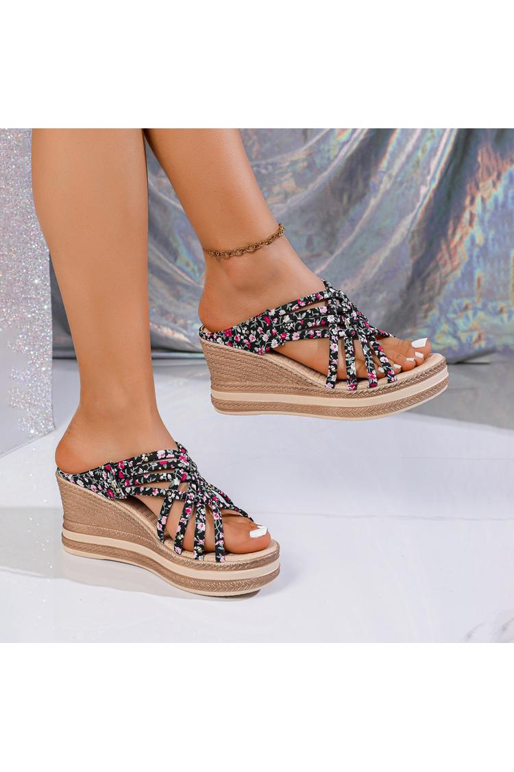 Sandalias de cuña con punta redonda, tiras tejidas y estampado floral