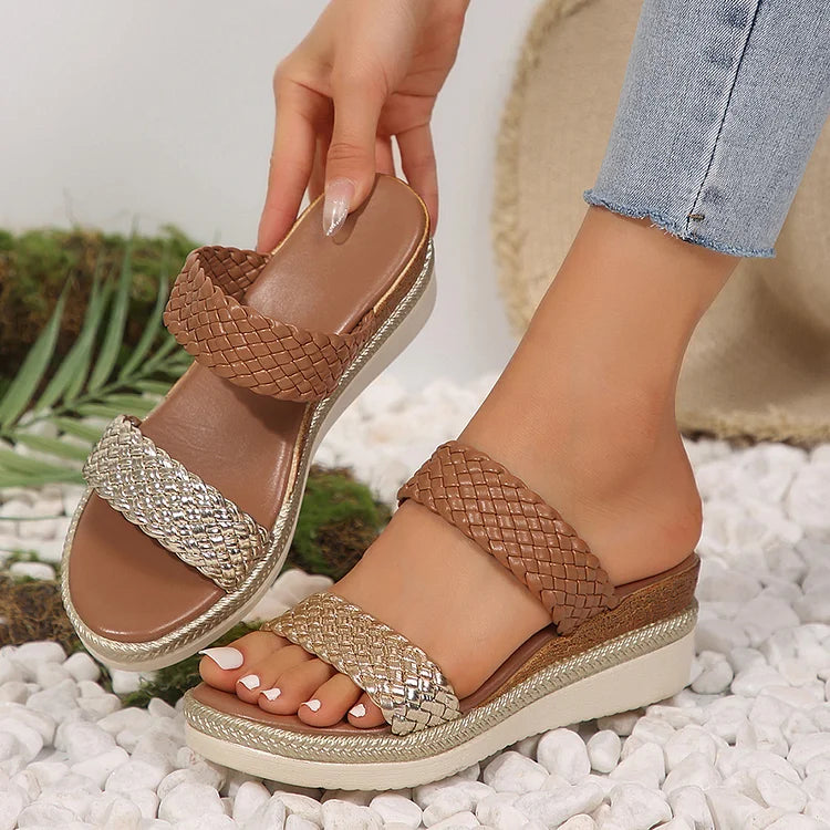 Colorblock Woven Instep Strap Open Toe Casual Wedge Slippers