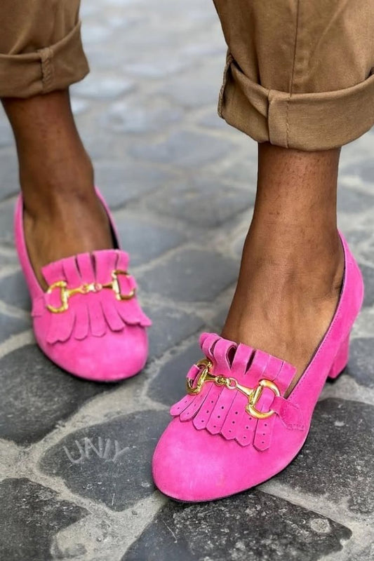 Vintage fuchsia ruskind frynse guldlås chunky hæle [Forudbestil]
