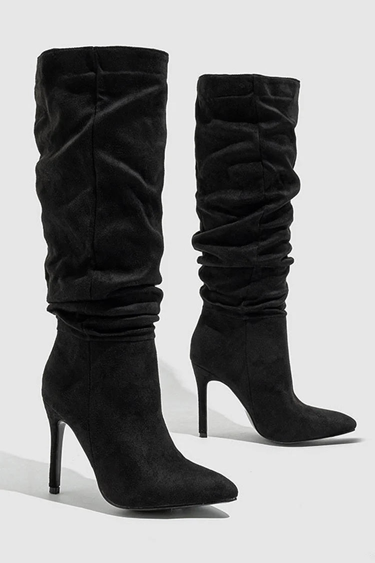 Solid Color Pointed Toe Stiletto Heel Pull On Slouch Knee High Boots