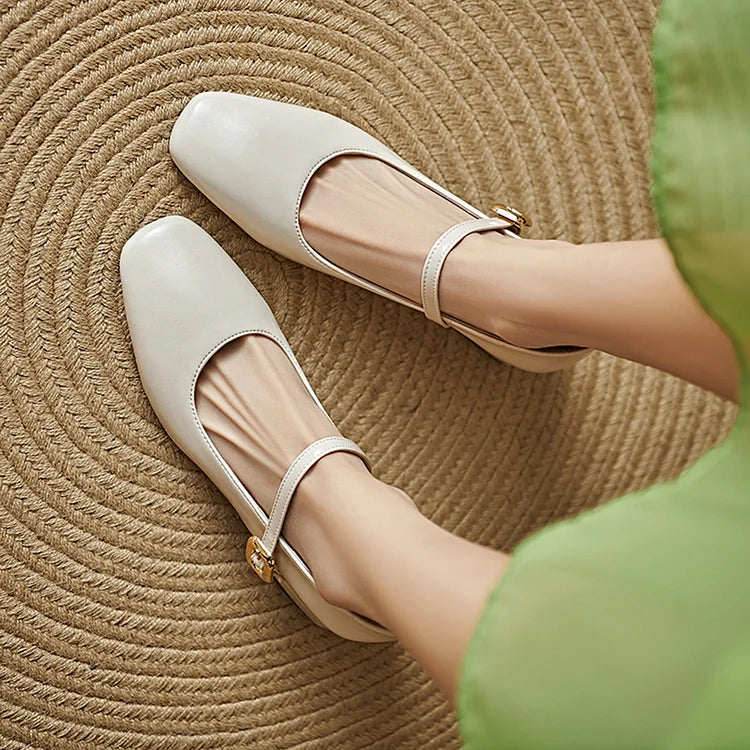 Instep Strap Buckle Metallic Sheen Square Toe Chunky Heels