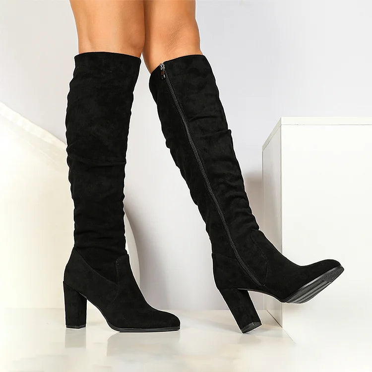 Zipper Solid Color Patchwork Pointed Toe Chunky Heel Knee High Boots