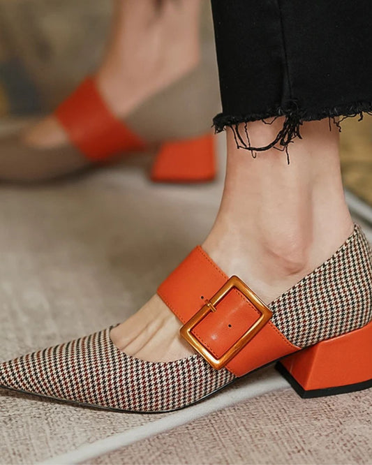 Hahnentritt Patchwork Spitz zulaufende Zehe Breite Schnalle Blockabsätze [Vorbestellung]