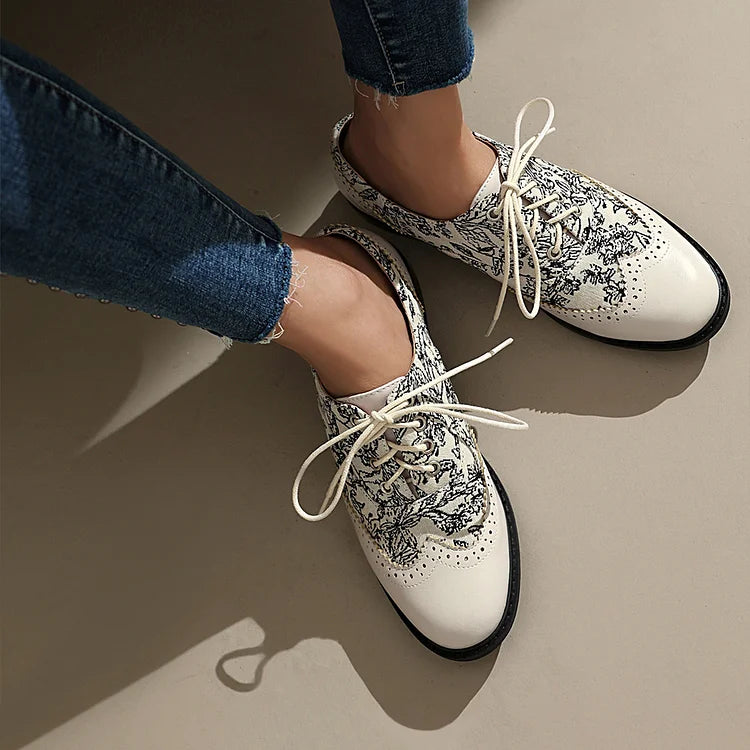 Floral Pattern Canvas Patchwork Lace Up Round Toe Casual Oxfords