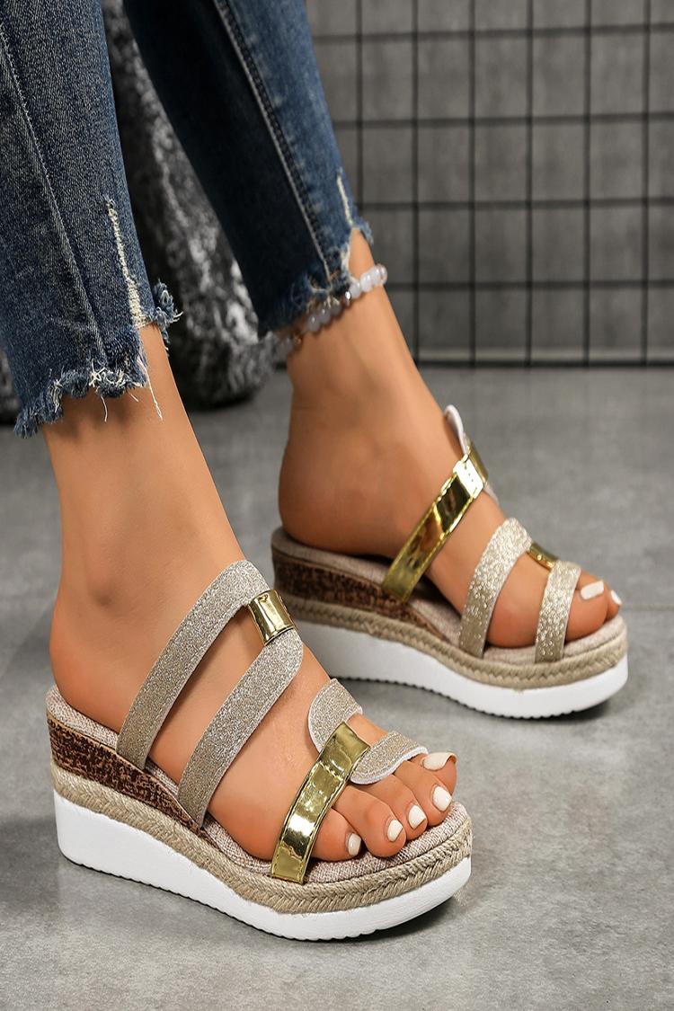 Pantofole casual con zeppa, punta rotonda, cinturino asimmetrico colorblock