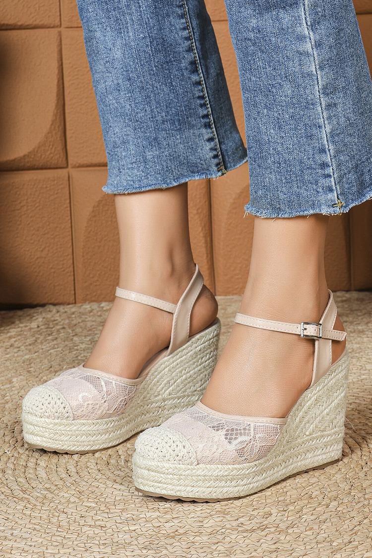 Sandali con zeppa casual con punta tonda, cinturino alla caviglia, fibbia e patchwork in pizzo 