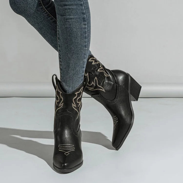 Embroidery Pointed Toe Chunky Heel Patchwork Pull On Western Boots