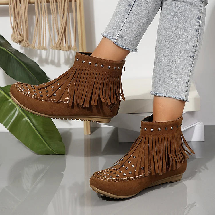 Metal Rivets Round Toe Fringed Trim Zipper Ankle Boots