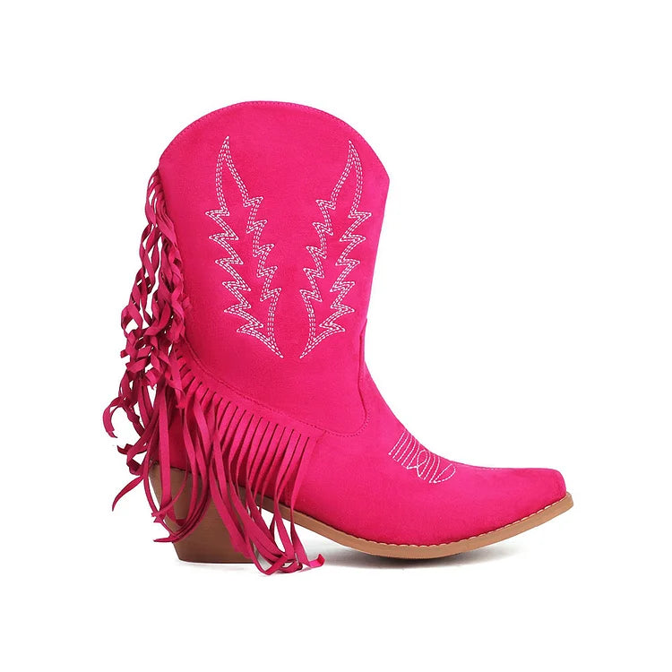 Fringed Trim Embroidery Pointed Toe Chunky Heel Western Boots