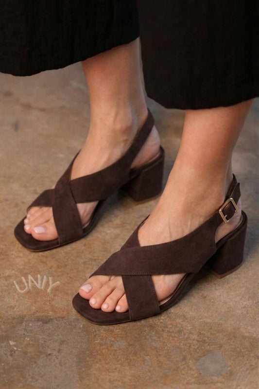 Dark Brown Crisscross Strap Block Heel Square Toe Sandals [Pre Order]