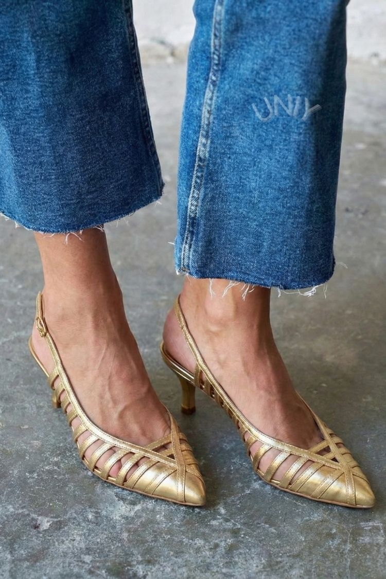 Scarpe con tacco a spillo, cinturino e punta a gattino in metallo dorato vintage [Pre-ordine]