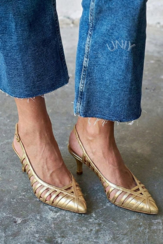 Vintage Metallic Gold Cage Strappy Pointed Toe Kitten Heels [Pre Order]