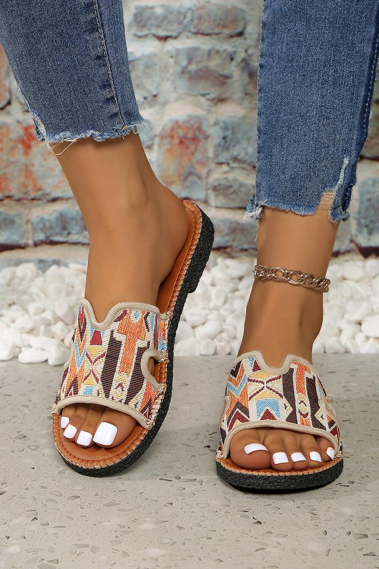 Pantofole casual con punta rotonda e motivo etnico multicolore