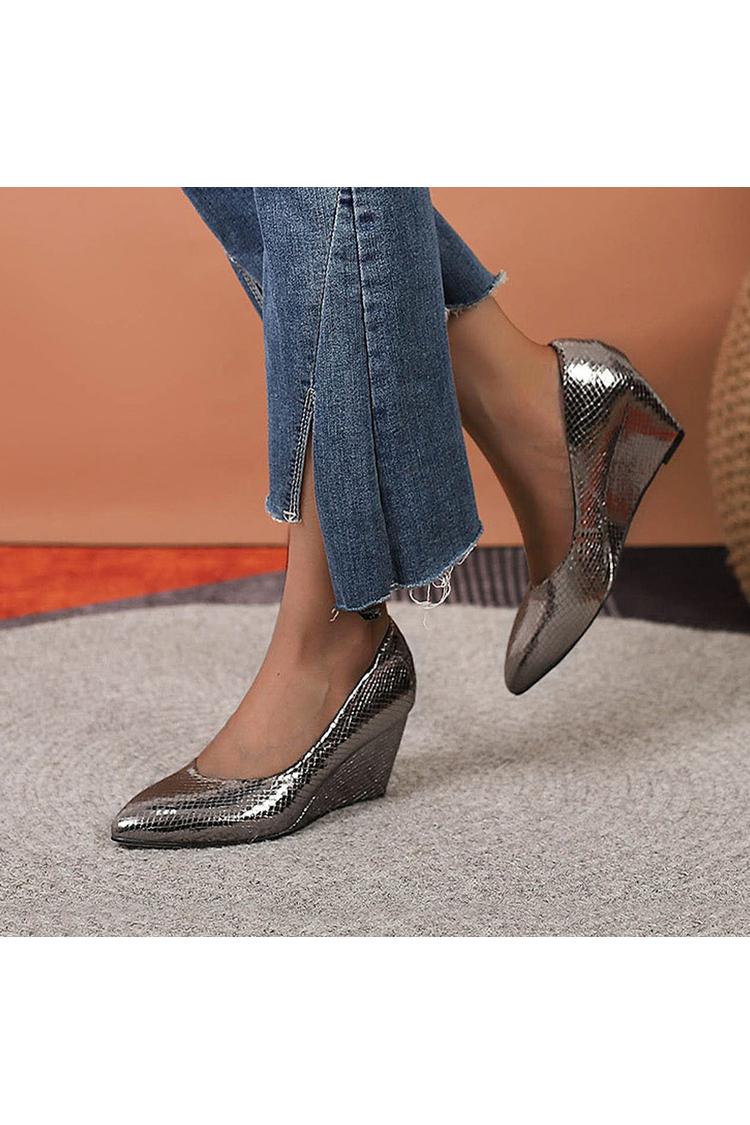 Scarpe con tacco a zeppa casual a punta con stampa serpente in tinta unita