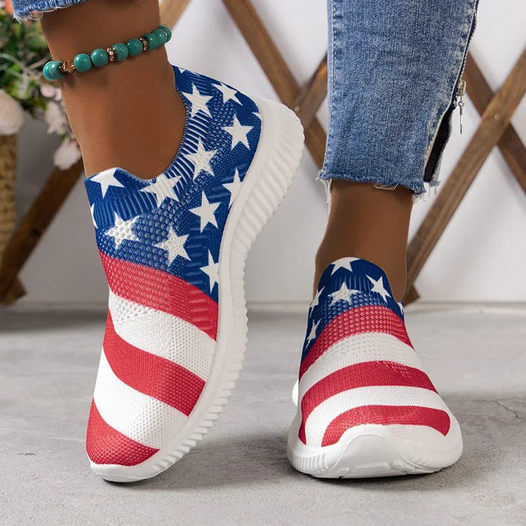 Striped Star Pattern Print Slip On Casual Lightweight Sneakers