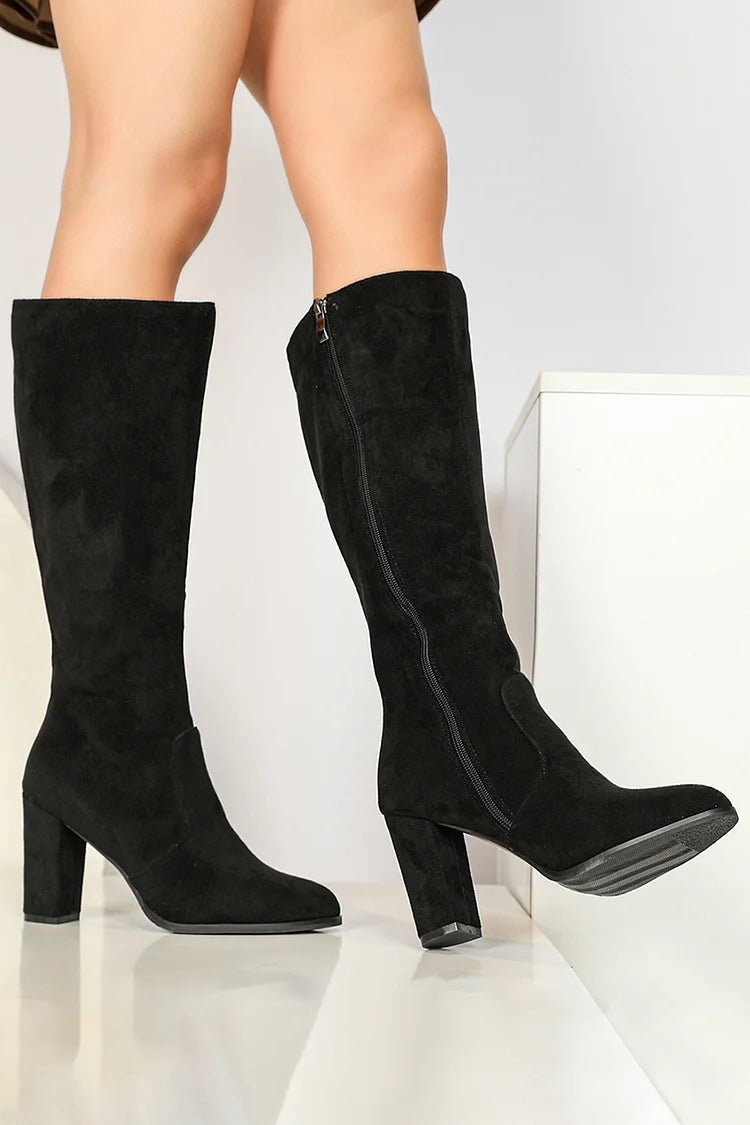 Solid Color Patchwork Pointed Toe Chunky Heel Zipper Knee High Boots