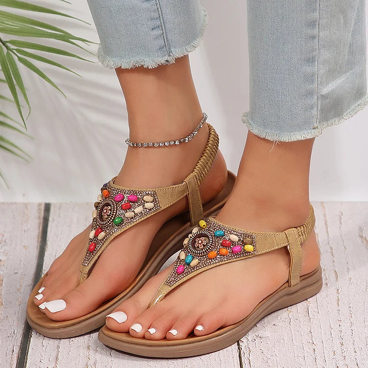 Boho Bunte Perlen Strass Flip Flops Gummiband Sandalen