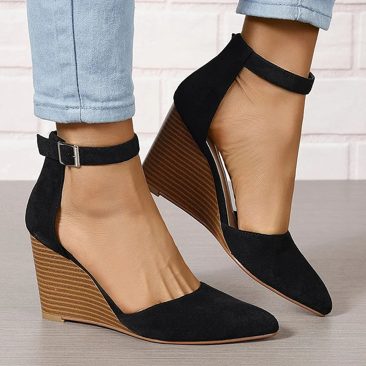 Pointy Toe Ankle Strap Buckle Solid Color Wedge Heels