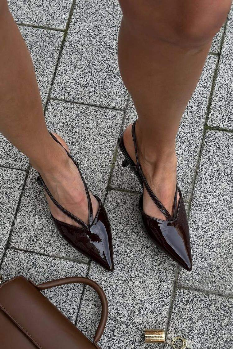 Dark Brown Patent Leather Pointed Toe Slingback Kitten Heels [Pre Order]