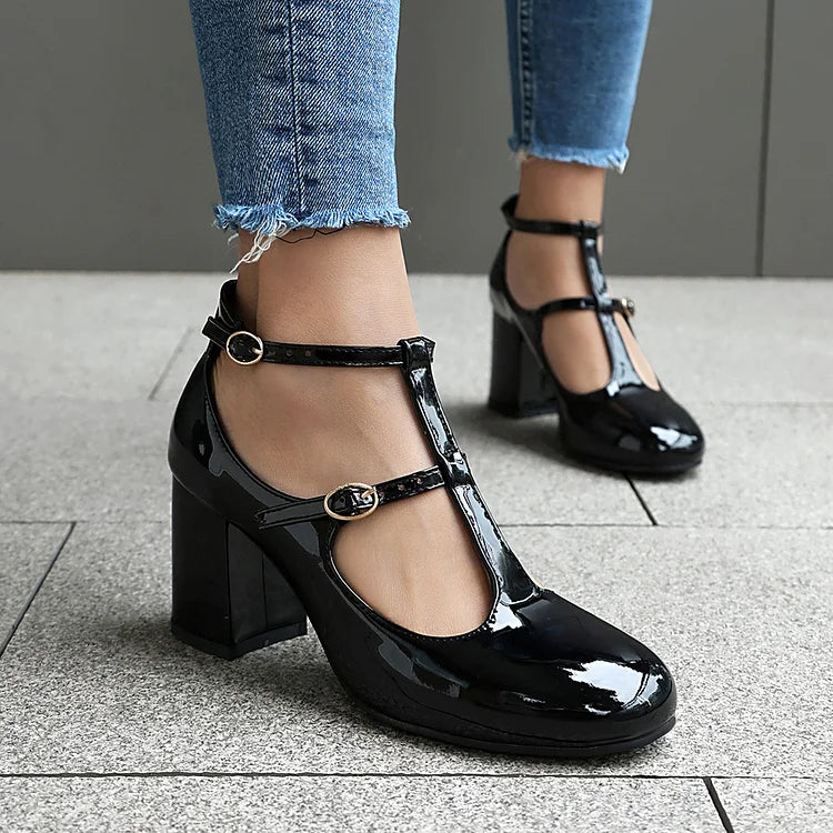 Solid Color Cross Strap Buckle Round Toe Chunky Heels