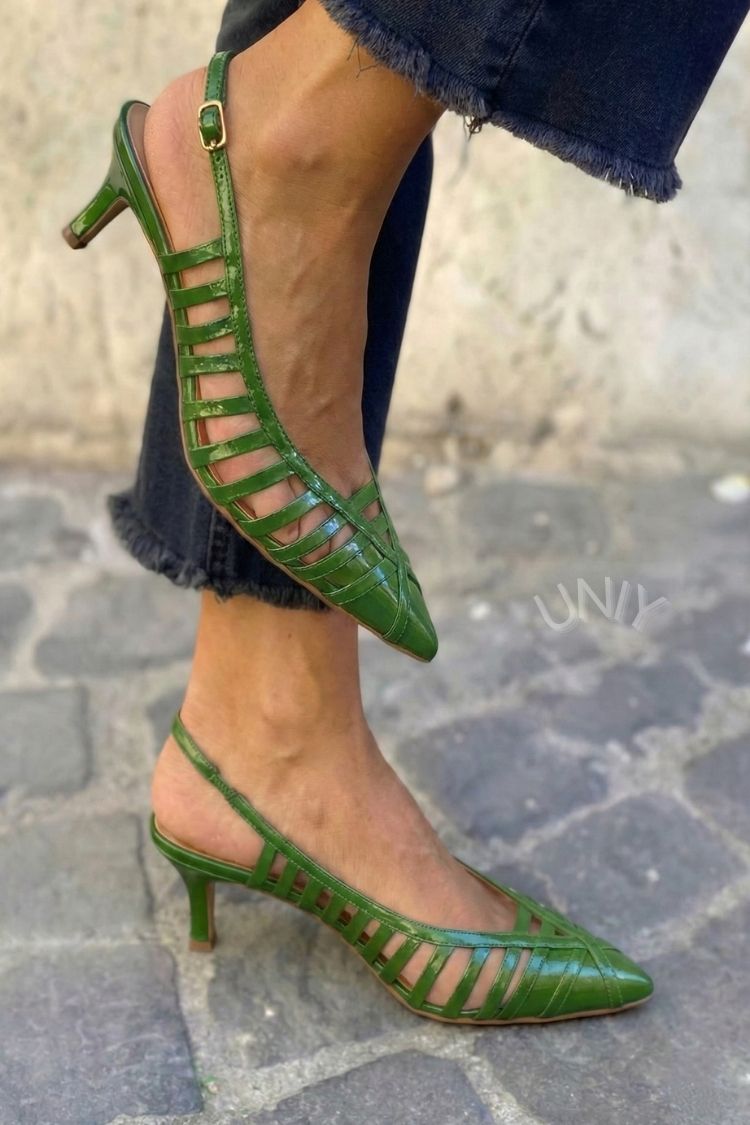 Green Patent Leather Pointed Toe Cage Strap Kitten Heels [Pre Order]