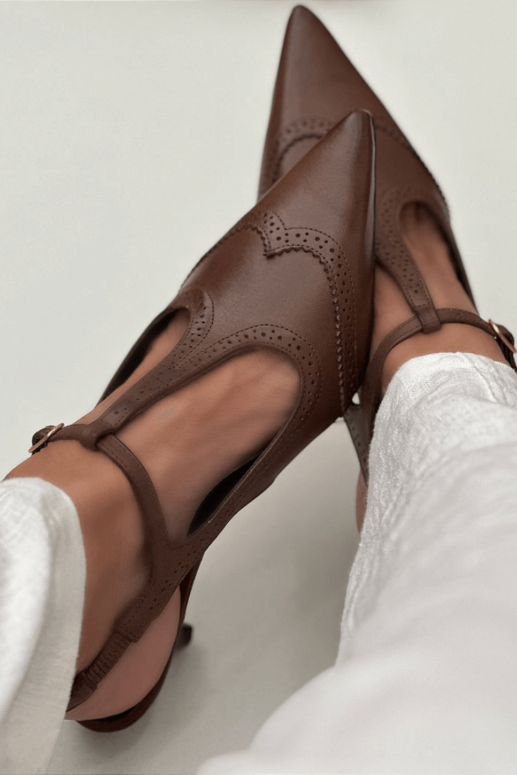 Patchwork Pointed Toe T-Strap Buckle Brown Kitten Heels