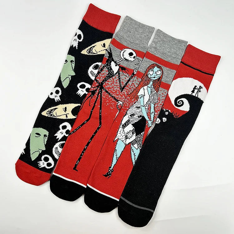 Calcetines de media pantorrilla con estampado de calavera, luna y esqueleto aterrador para Halloween 