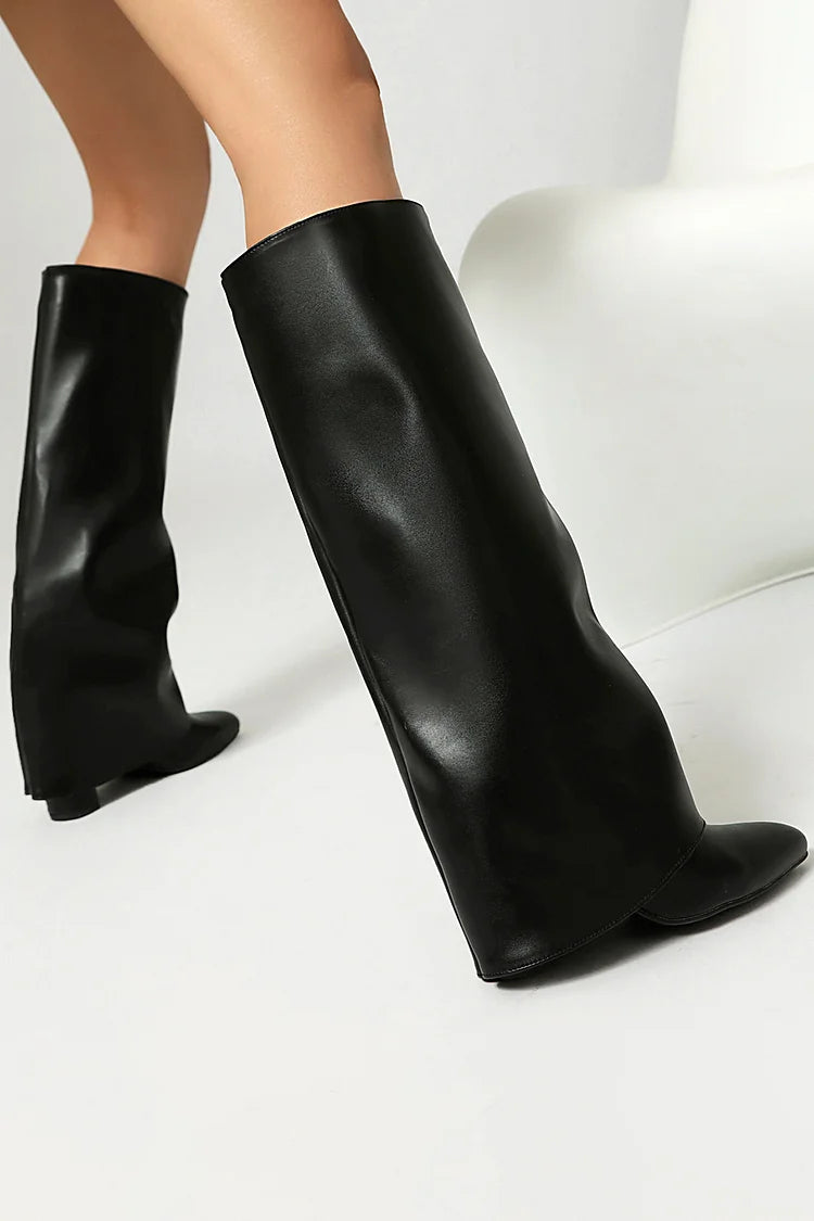 Fold Over Solid Color Pointed Toe Chunky Heel Knee High Boots