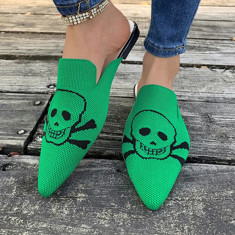 Casual Skull Print Pointy Toe Breathable Knit Mules