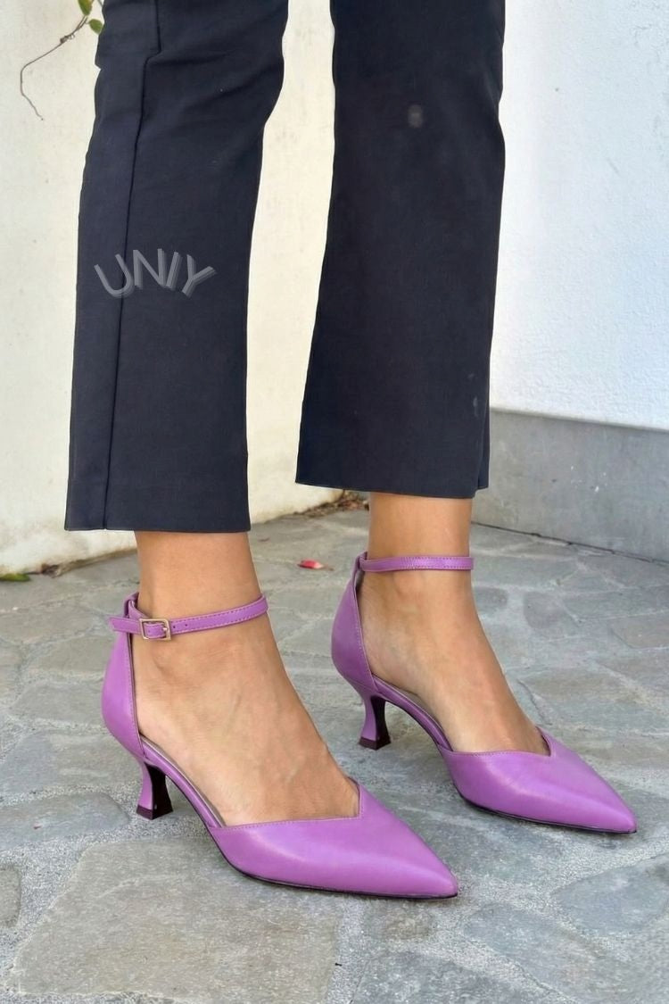 Elegant Purple Pointed Toe V-Cut Ankle Strap Kitten Heels [Pre Order]